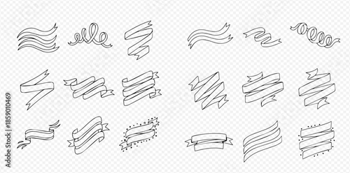 Collection of hand-drawn doodle ribbons and banners in various shapes and styles for design elements.