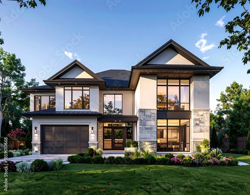 Modern luxury house exterior with large windows and lush landscaping