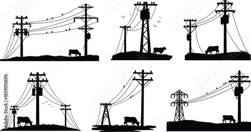 Rural power pole silhouettes, cow grazing scene, electrical infrastructure, utility wires, birds on cables, vector illustration, farmland, black background