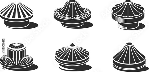 Set of black and white architectural fence post caps and finials in various decorative styles and shapes isolated on white,