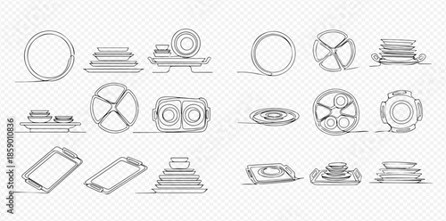 Set of kitchen dishes, plates, bowls, and trays in sketch style on transparent background.