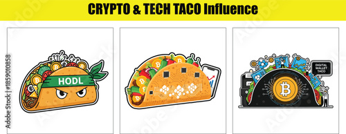 Crypto and tech tacos with Bitcoin and HODL theme Keywords: taco, crypto, bitcoin, hodl