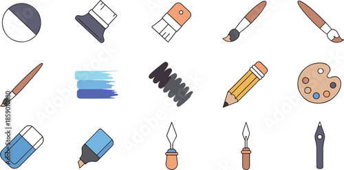 Art Supplies and Painting Tools Vector Icon Set for Creative Design