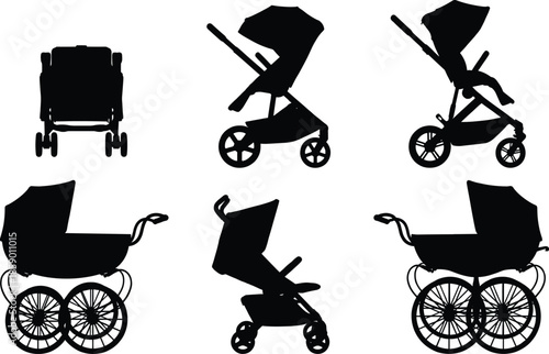 Baby stroller silhouettes collection, pram carriage icons, child transport illustration, black and white vector set, parenting equipment design, graphic, isolated