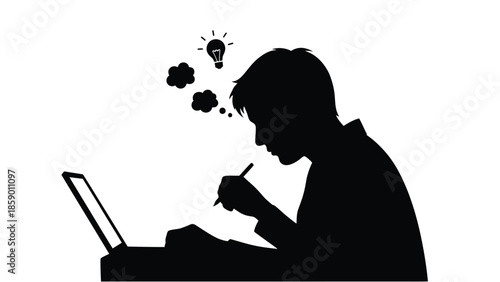 Silhouette graphic illustrating a person deep in thought while working on a laptop computer with a bright illuminated lightbulb symbolizing a sudden brilliant idea or concept formulation