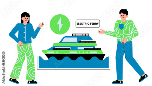 Flat vector illustration of an electric ferry transporting passengers on waterways using clean renewable energy