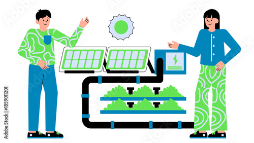 Flat vector illustration of a solar-powered irrigation system supporting sustainable agriculture and water management