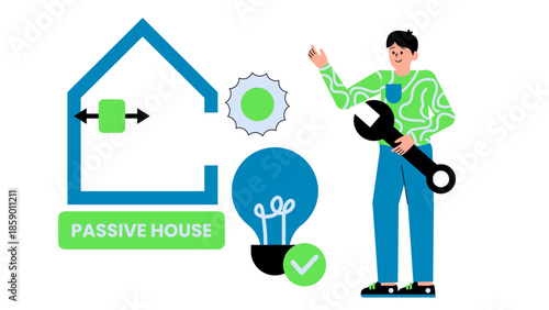 Flat vector illustration of a passive house built with ultra-efficient insulation and sustainable building principles
