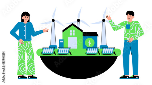 Flat vector illustration of an island microgrid integrating solar, wind, and battery storage for energy independence
