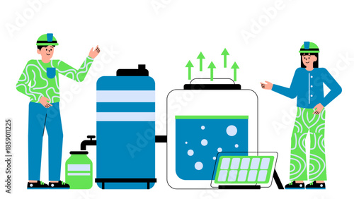 Flat vector illustration of a solar-powered atmospheric water generator producing clean drinking water sustainably