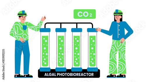 Flat vector illustration of an algal photobioreactor capturing carbon dioxide for sustainable climate solutions