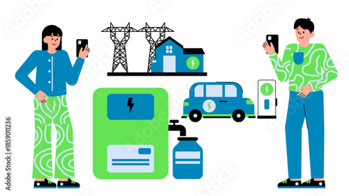 Flat vector illustration of a demand response program reducing grid load through smart energy management