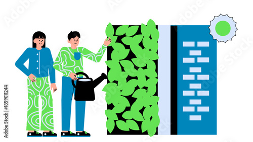 Flat vector illustration of a living green wall used for natural insulation and sustainable building design