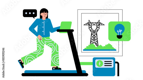 Flat vector illustration of gym equipment that generates electricity from human exercise activity