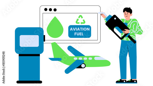 Flat vector illustration of sustainable aviation fuel made from waste oils for cleaner air travel.
