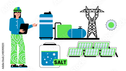 Flat vector illustration of concentrated solar power plant using molten salt for thermal energy storage