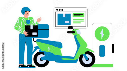 Flat vector illustration of electric scooters used for last-mile delivery with zero emissions logistics