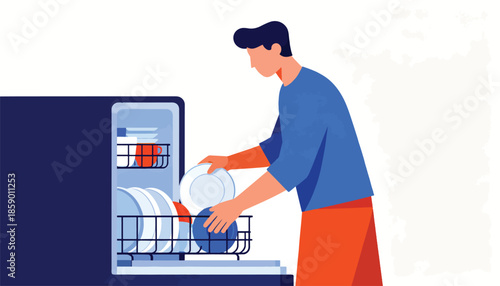 Person loading plates into a dishwasher for cleaning