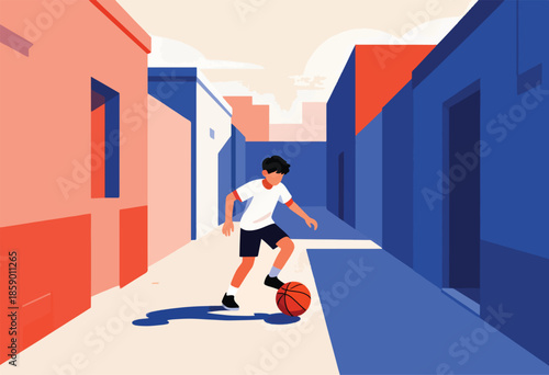 Stylized boy dribbling basketball in a colorful, geometric street
