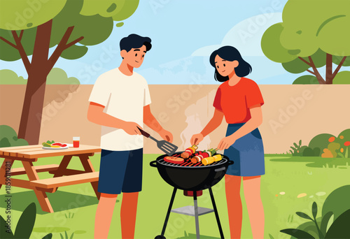 People enjoying a backyard BBQ, grilling food and relaxing