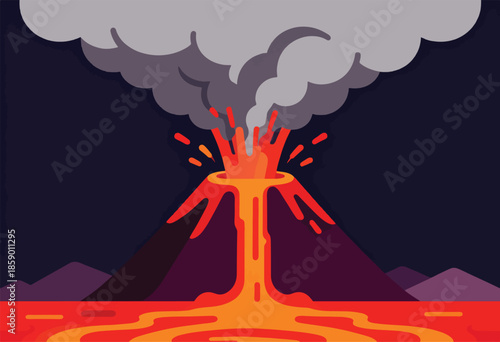 Cartoon volcano erupting with glowing lava and dark smoke clouds