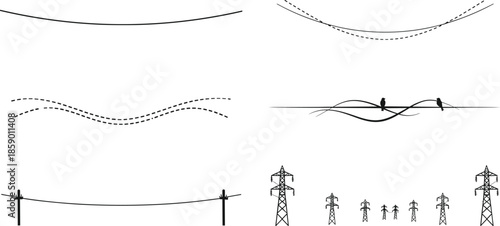 Power line, cable tension, bird silhouette, transmission tower, wire sag, vector illustration, infrastructure physics, black white graphic, electrical grid, engineering concept
