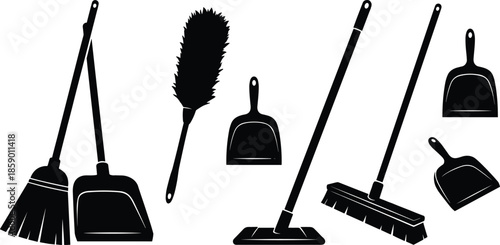 Black cleaning tools silhouette set with broom mop dustpan brush isolated on white background for household sanitation illustration vector icon