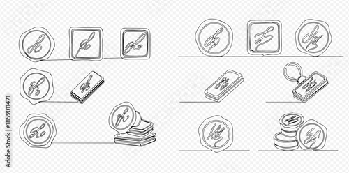 Set of hand-drawn line art icons depicting various seals and stamps with abstract signatures, perfect for business and legal documents.