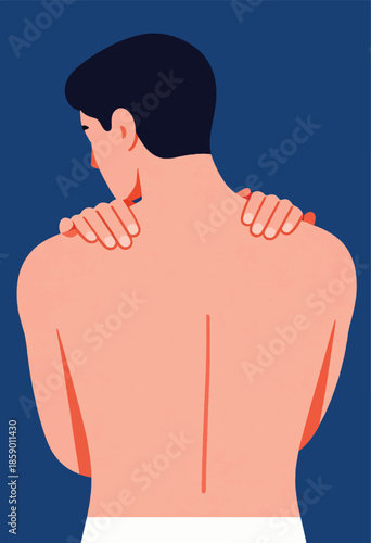 Man with hands on sore shoulders, looking down