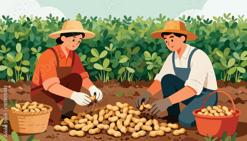 Farmers harvesting peanuts from a field