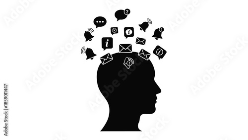 Silhouette of a human head overloaded with various digital notification icons representing constant connectivity stress and mental fatigue from technology
