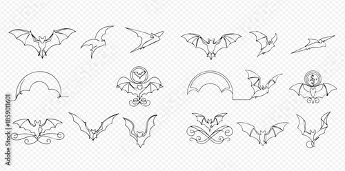 Set of black outline bat icons for Halloween decoration and spooky designs.