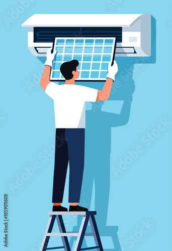 Technician cleaning an air conditioner filter on a stepladder