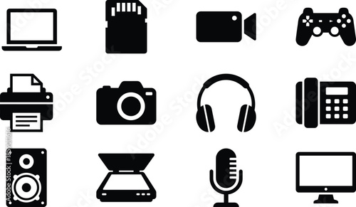 Black electronic device icons set including laptop camera printer headphones microphone isolated on white background vector illustration technology multimedia equipment