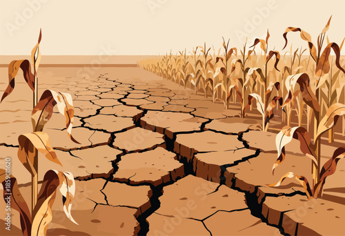 Dry corn stalks wither in parched, cracked earth under a pale sky