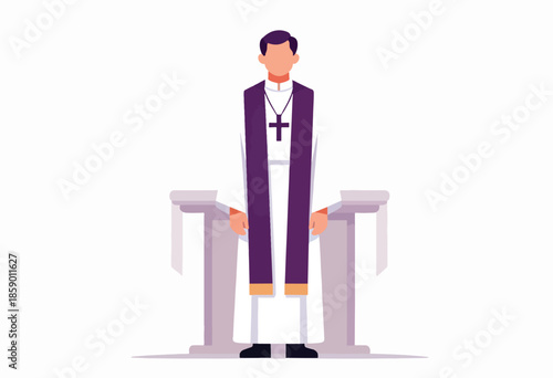 Clergyman standing before a lectern, wearing vestments and a cross necklace