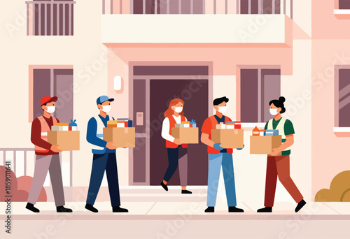 People in masks deliver boxes of goods to a building entrance