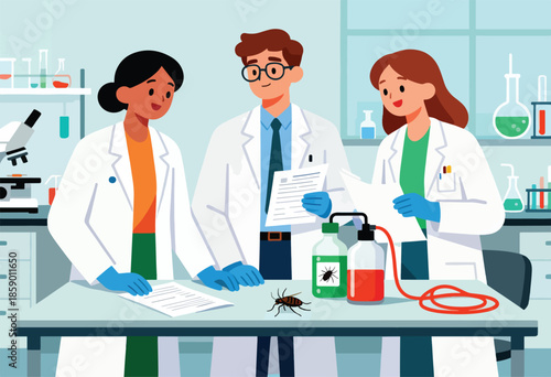 Diverse scientists analyze insect and samples in a modern lab