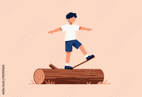 A person balances on a log