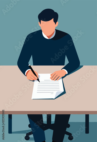 Person in suit signing document at desk