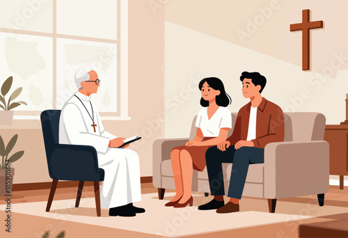 Clergy member with a couple in a room with a cross