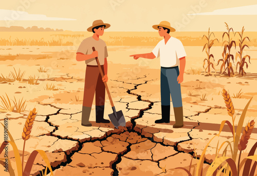 Two farmers in a parched field, one with a shovel, survey the cracked earth