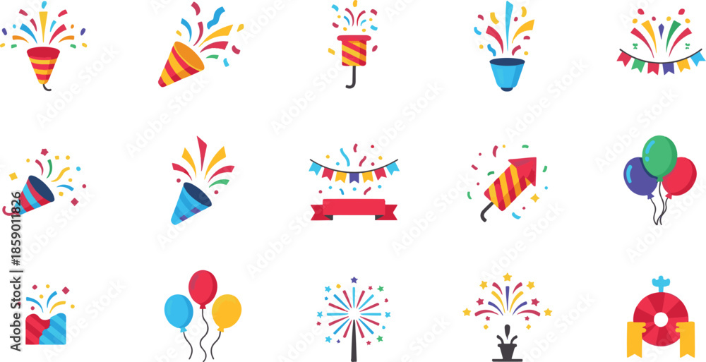 Fototapeta premium Party Celebration and Birthday Event Icon Set - Colorful Flat Vector Illustration