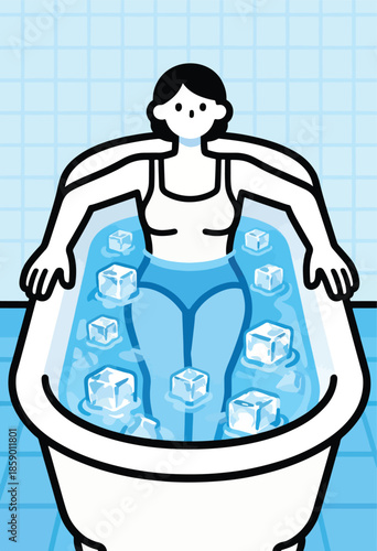 Person submerged in icy water bath for therapeutic effect
