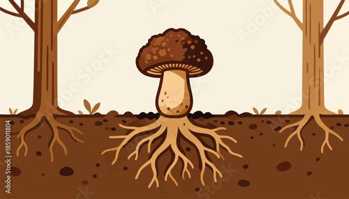 A mushroom with prominent roots grows between two trees' root systems