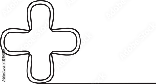 A continuous line art drawing of a rounded plus symbol.