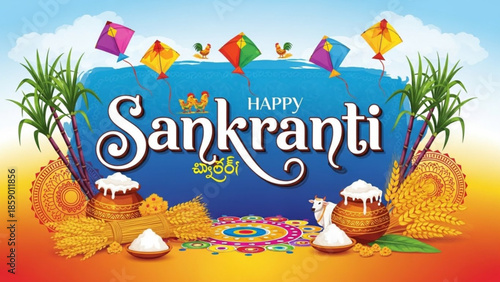 Vibrant Sankranti celebration with kites, harvest, and traditional sweets in a festive atmosphere