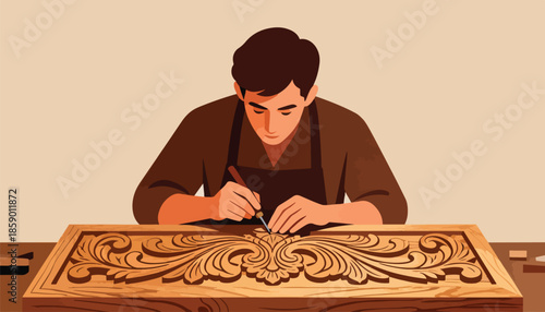 Man meticulously carving intricate floral patterns into wood with a chisel