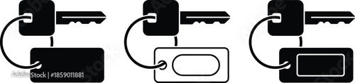 Black key and keychain silhouette icons set with tags isolated on white background vector illustration for security access design