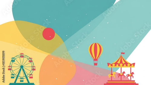 Vibrant Carnival Scene with Ferris Wheel, Carousel, and Hot Air Balloon